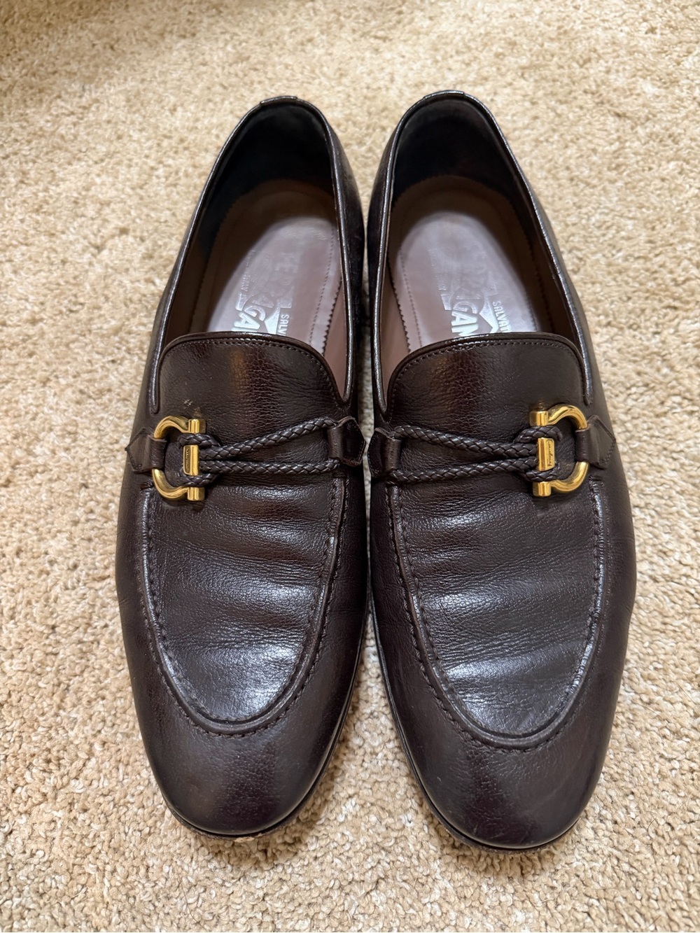 Salvatore Ferragamo Men's Brown Leather Loafers Gancini hardware buckle 7.5 EE